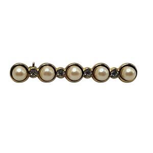 Vintage Faux Pearl Rhinestone Bar Brooch Gold Tone Minimalist Elegant